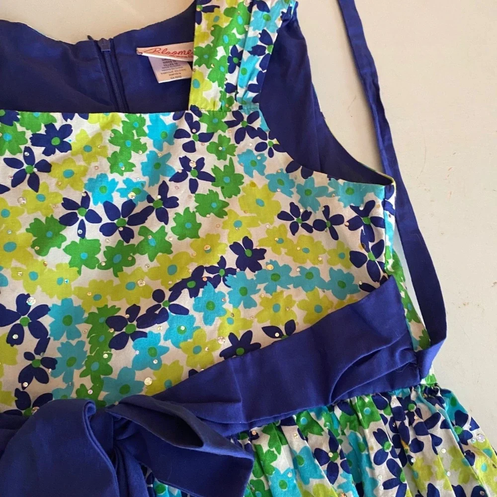 Bloome de Jeune Fille Girls 16 Floral Rhinestone Party Dress Blue Green Cotton